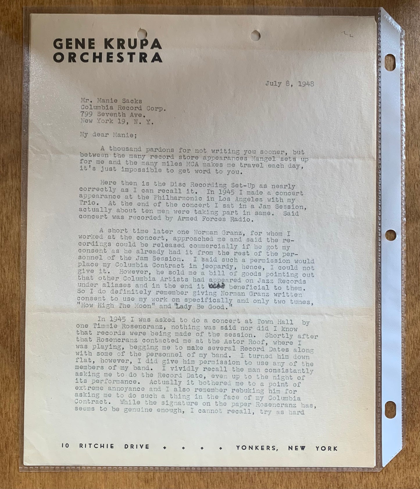 Letter from Gene Krupa to Manie Sacks -- July 8, 1948