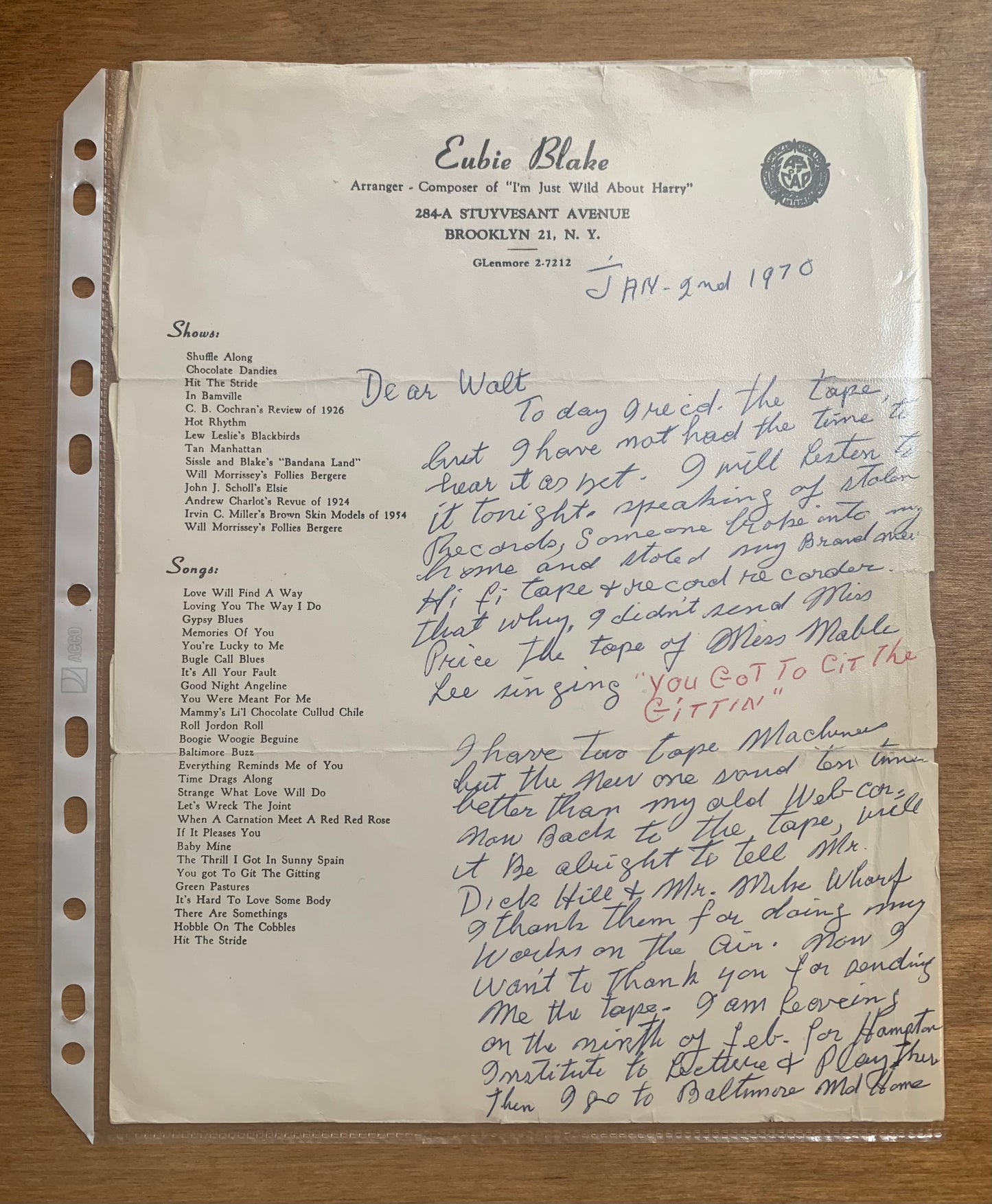 Personal, Hand-Written Letter from Eubie Blake - Jan 2, 1970