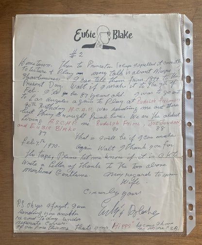 Personal, Hand-Written Letter from Eubie Blake - Jan 2, 1970