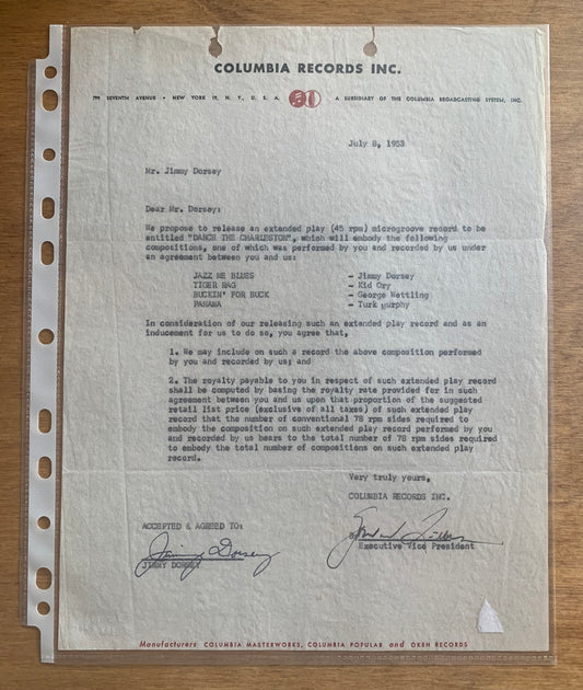 Signed Jimmy Dorsey Recording Contract - July 8, 1953