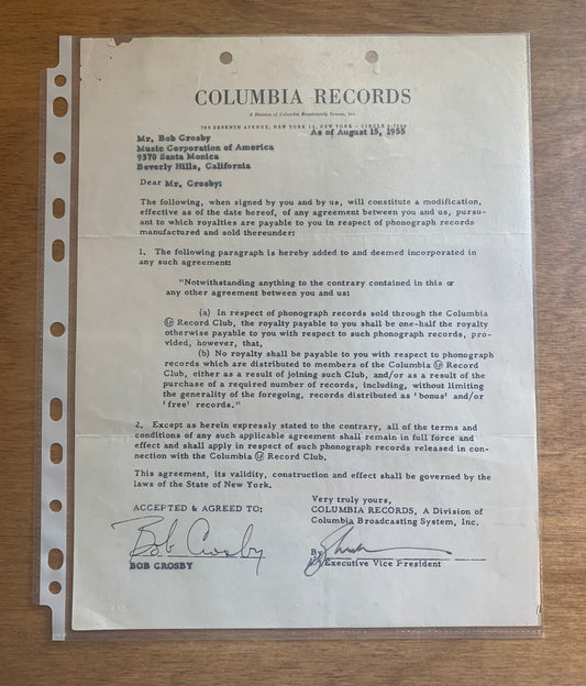 Signed Bob Crosby Recording Contract - August 15, 1955