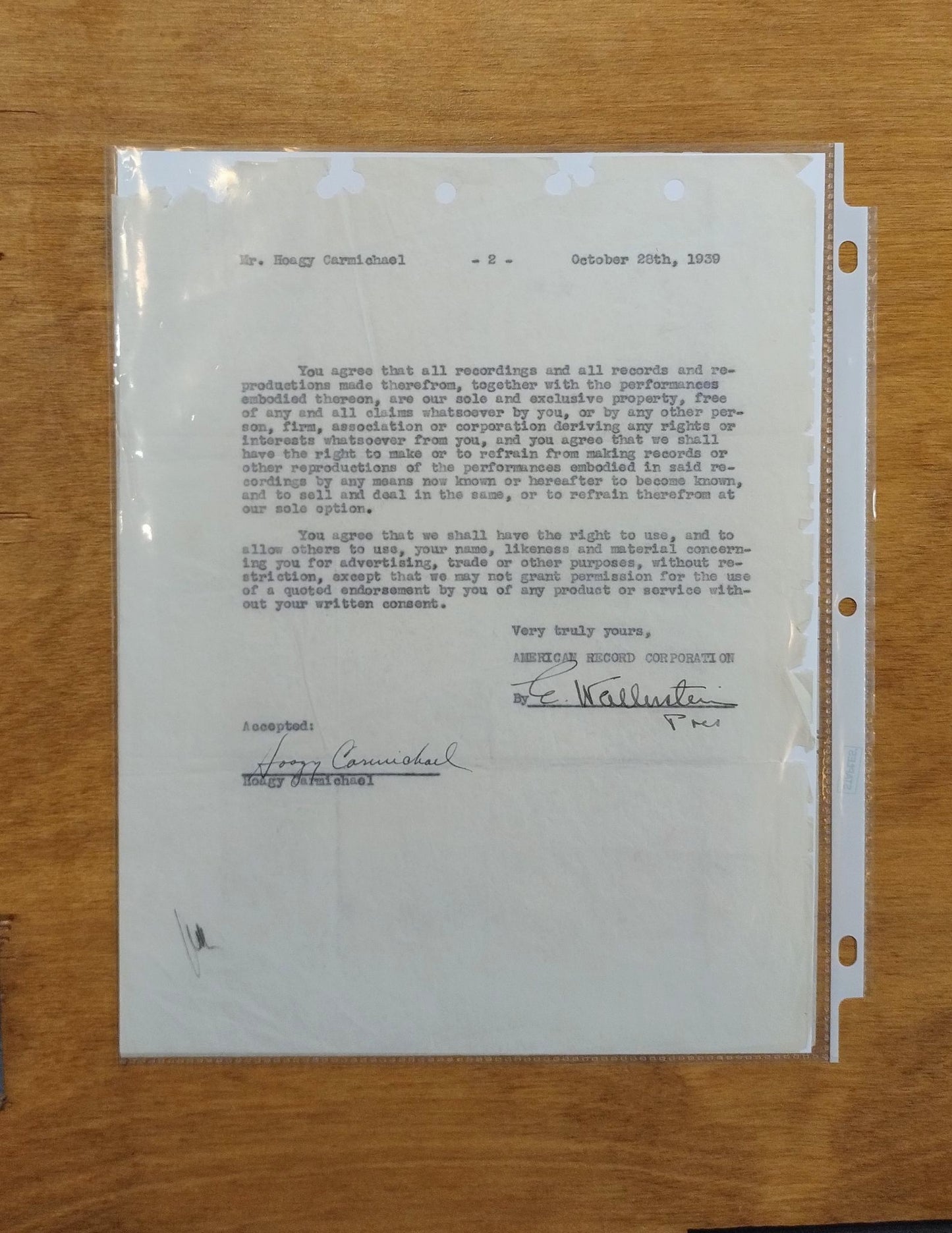 Signed Hoagy Carmichael Contract - August 10, 1939